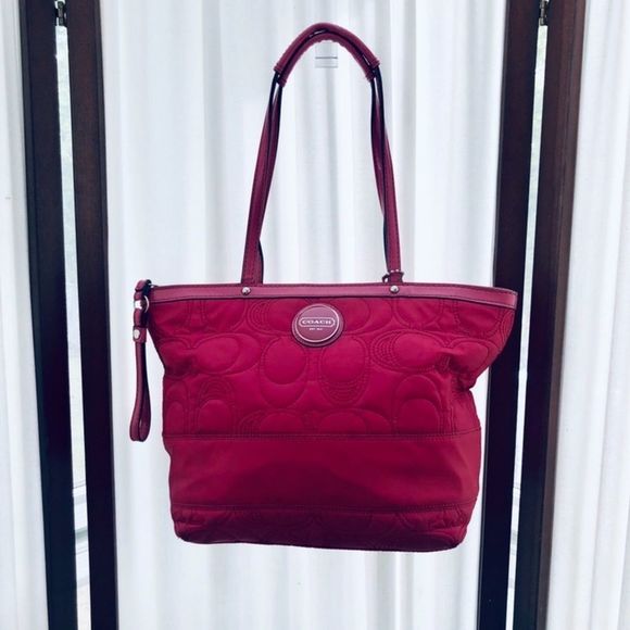 Coach Raspberry Quilted Logo Small Nylon Tote - Picture 1 of 8